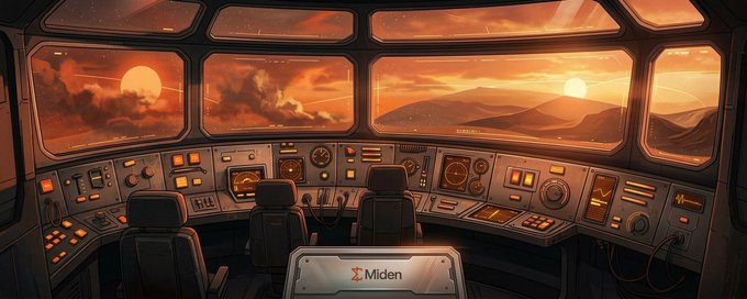 A digital illustration of a spaceship cockpit with orange-lit controls, showing a Martian landscape with two suns visible through the windows, branded with the 'Miden' logo.