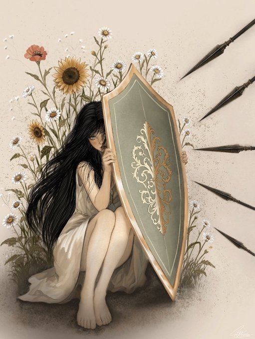 An illustration of a young woman with long flowing dark hair sitting barefoot while holding a large ornate shield, surrounded by wildflowers and spears pointing toward her.