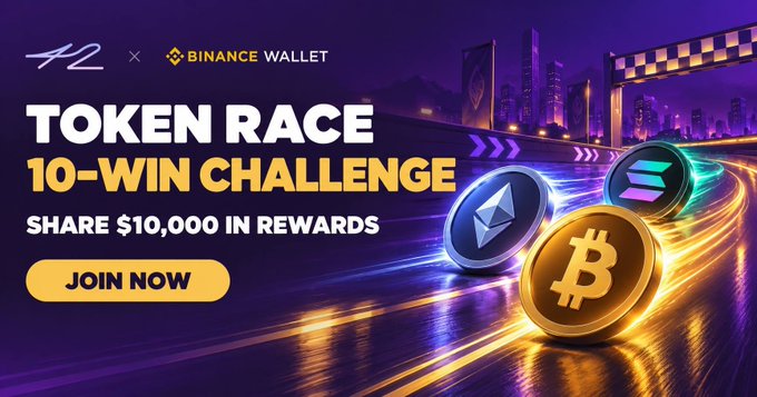 A promotional banner for a "TOKEN RACE 10-WIN CHALLENGE" by Binance Wallet featuring cryptocurrency coins (Bitcoin, Ethereum, Solana) racing along a neon-lit road with "JOIN NOW" and "SHARE $10,000 IN REWARDS" text.