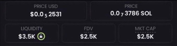 A low-cap meme coin dashboard shows a token priced at $0.00052531 USD (0.000786 SOL) with only $3.5K locked liquidity, $2.5K FDV, and $2.5K market cap—highlighting the ultra-low valuation the poster references as a potential 100-5000x moonshot.