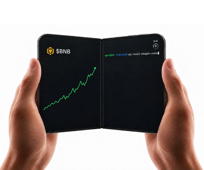 A person holds a foldable phone displaying the '$BNB' logo and an upward-trending price chart on the left screen, and a terminal command 'pip install botagent-studio' on the right screen.