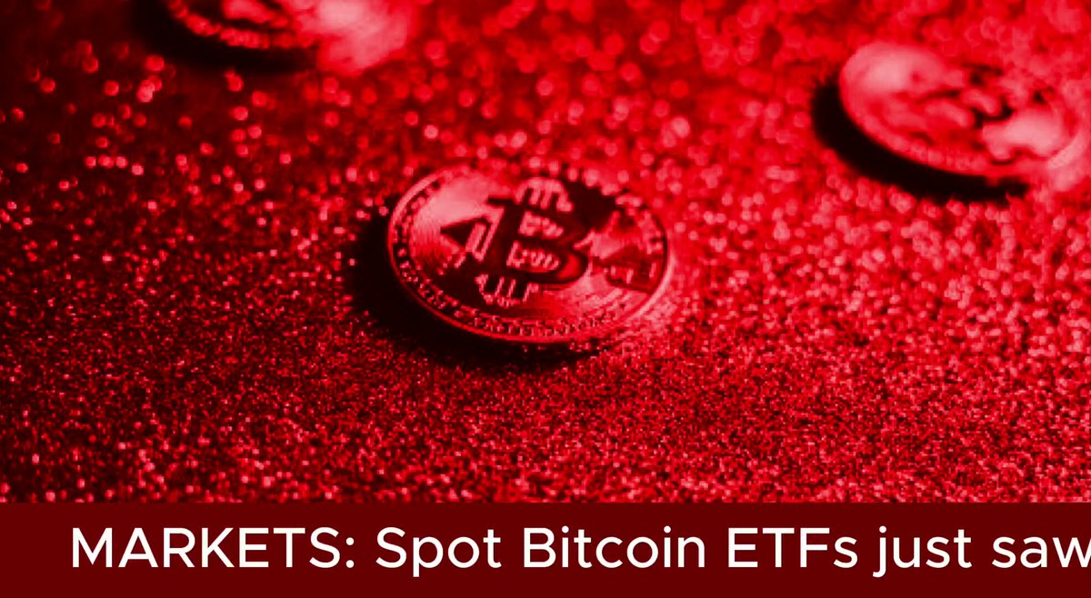 The image shows a close-up view of a red coin that is the main focus. The surrounding background has a red glaze, which is also a significant feature of the scene. In the image, there are two other coins placed on top of each other with their edges overlapping against the background. Below this layer of coins and glaze, there's an overlay text that reads " Markets: Spot Bitcoin ETFs just saw", which suggests that the coin depicted in the foreground is related to market trading activities involving cryptocurrency.