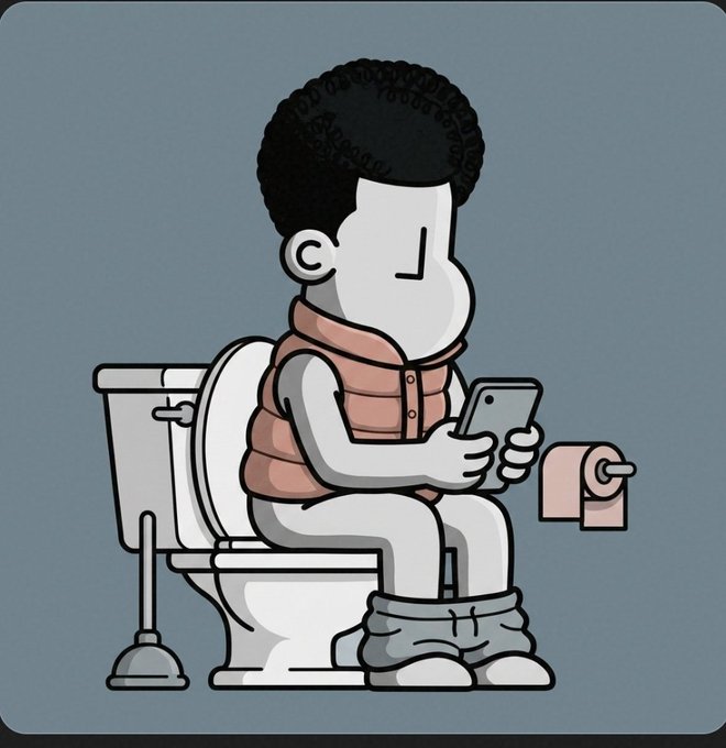 A cartoon illustration of a person with dark curly hair sitting on a toilet, wearing a vest and sweatpants pulled down at the ankles, focused on a smartphone.