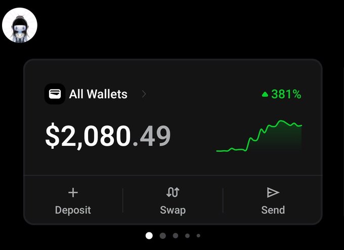 A digital wallet interface screenshot showing 'All Wallets' with a balance of $2,080.49 and a 381% gain displayed via a green chart, featuring Deposit, Swap, and Send buttons.
