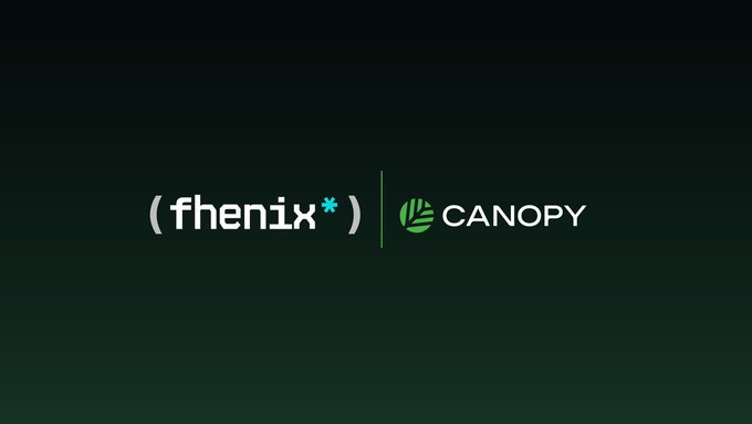 A dark green background displaying the logos for fhenix and CANOPY side by side.
