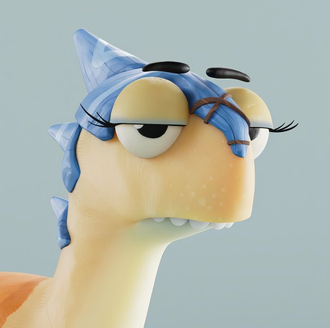 A 3D-rendered cartoon dinosaur character with blue crystal-like spikes on its head and a rope wrapped around its snout, staring with half-lidded eyes.