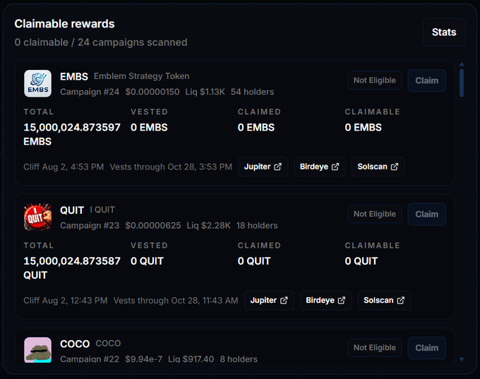 A dark-themed dashboard displaying claimable rewards for cryptocurrency airdrops, including EMBS (Emblem Strategy Token), QUIT (I QUIT), and COCO campaigns, all marked as 'Not Eligible'.