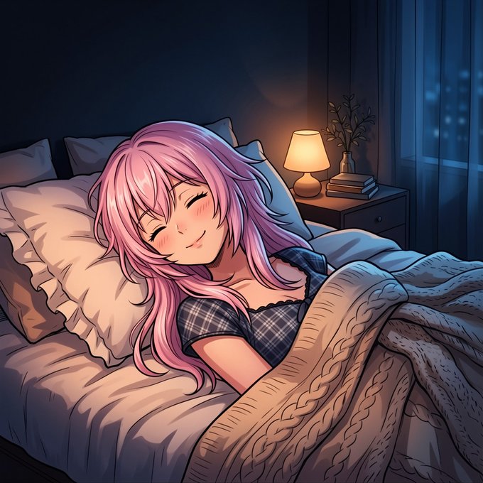 An anime-style illustration of a pink-haired girl with closed eyes and a peaceful smile, sleeping in bed under a knit blanket, with a glowing bedside lamp and a view of a night city through the window.