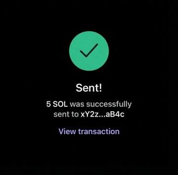 A dark-themed confirmation screen displays a green checkmark indicating a successful transaction, with text reading "Sent! 5 SOL was successfully sent to xY2z...aB4c" and a "View transaction" link. The image serves as proof of the giveaway fulfillment, though it shows only 5 SOL sent rather than the 10 SOL promised in the original tweet, and lacks any visible recipient list or giveaway conditions.