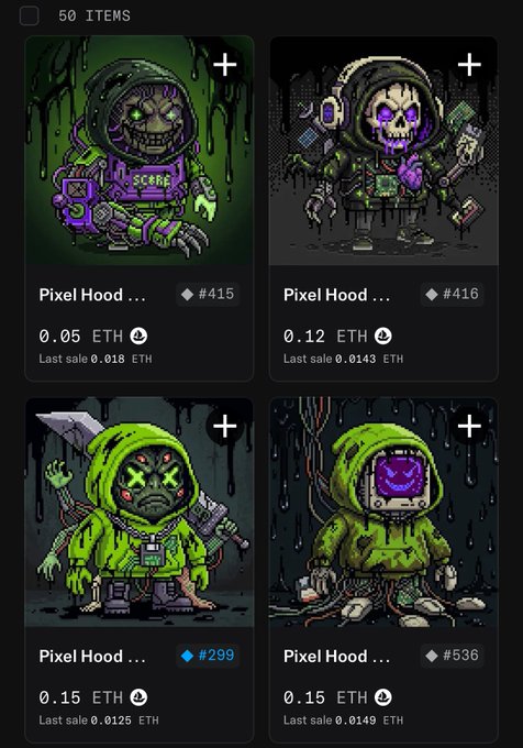 A digital marketplace interface shows four pixel art 'Pixel Hood' NFT characters priced in ETH, with items numbered #415, #416, #299, and #536, alongside last sale prices.