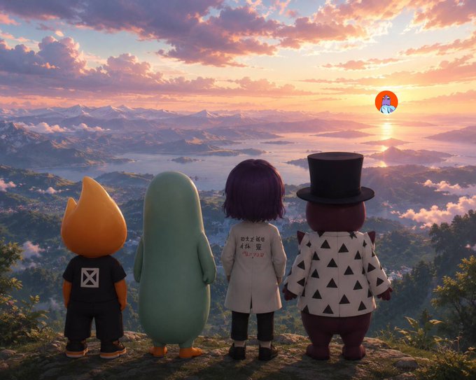 The image features a group of four cartoon characters standing together at the top of a cliff, overlooking a beautiful sunset over a body of water. The characters include a penguin, a dog, a monkey, and a bear. They are all dressed in colorful outfits that match their unique personalities. The post also mentions an NFT collection called "NFT never die" and highlights the importance of social media presence for artists and creators to promote their work effectively.