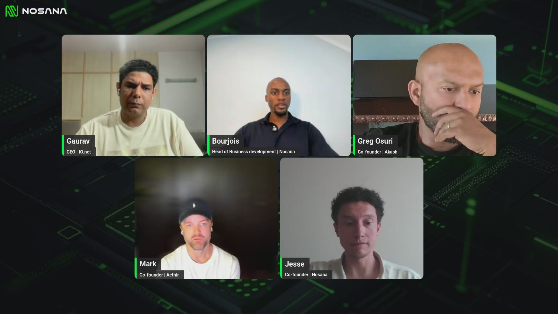 The image shows a group of five people sitting behind computer screens with their faces displayed on them. The screen displays the names of the individuals participating in an online meeting, including @ionet CEO @Gaurav_ionet and other participants. The focus is on the interaction between these individuals as they discuss various topics related to AI infrastructure.