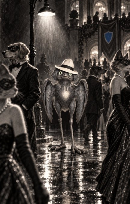 A black and white illustration depicting anthropomorphic animals in formal attire at a glamorous ball, with a central bird-like creature wearing a fedora standing under a streetlamp.