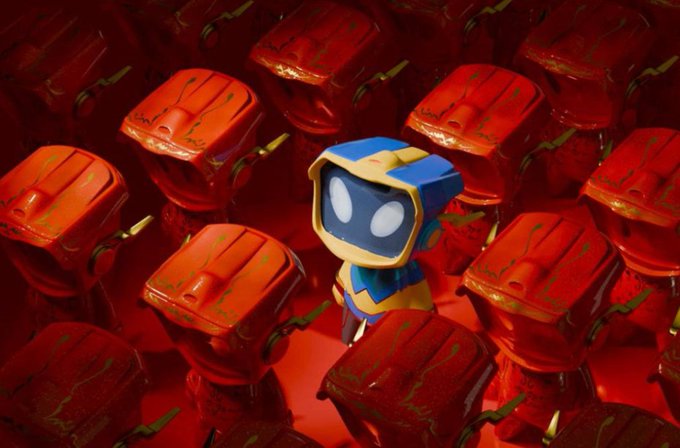 A small blue and yellow robot-like character stands surrounded by an array of red jetpacks or fuel packs, visually representing the "Original Blokyz" NFT collection waiting to be minted. The image captures the anticipation of a guaranteed presale spot secured through the ChimpersHQ community allocation.