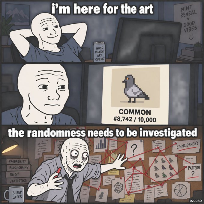 A three-panel meme featuring a bald cartoon man who relaxes to see art, becomes serious when a 'COMMON' NFT appears, and goes into a conspiracy-obsessed investigation mode, watermarked 'D20DAO'.