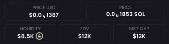 A dark dashboard displaying cryptocurrency metrics with text reading 'PRICE USD $0.0₄1387', 'PRICE 0.0₆1853 SOL', 'LIQUIDITY $8.5K', 'FDV $12K', and 'MKT CAP $12K'.