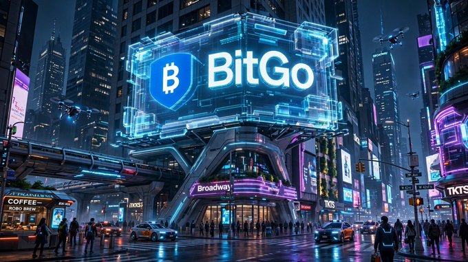 A futuristic cityscape features a large holographic "BitGo" logo with a Bitcoin symbol, surrounded by neon-lit buildings, street signs for "Broadway," and storefronts including "COFFEE," "TXS," and "TKTS." The image visually reinforces BitGo's strong position in the crypto market, aligning with Mizuho's bullish stance that regulatory delays actually benefit the licensed company over its competitors.