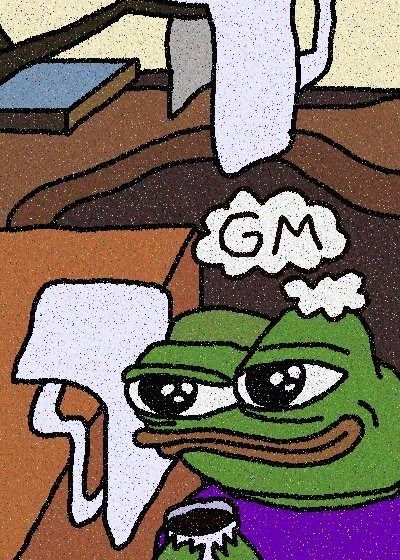 A cartoon illustration of a green frog character (resembling Pepe the Frog) with half-closed eyes sitting at a table, with a thought bubble containing the text 'GM' (Good Morning).