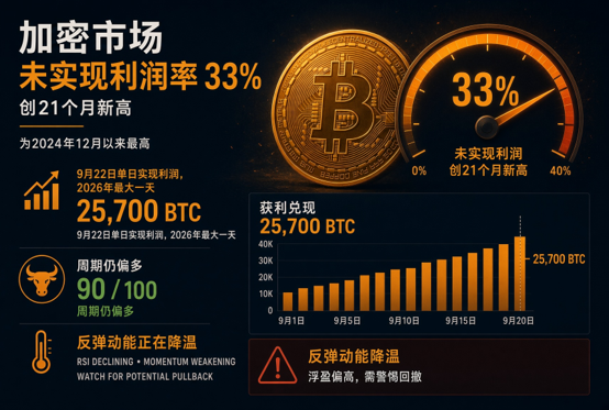 A Chinese cryptocurrency market infographic titled '加密市场未实现利润率 33%' showing a Bitcoin symbol, a gauge at 33%, 25,700 BTC unrealized profit, a 90/100 weekly bias, and a warning about weakening rebound momentum.