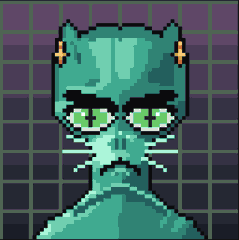 A pixel art sprite of a teal-skinned, cat-eared character with green eyes and a stern expression stands against a dark purple grid background.