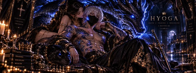 Dark fantasy digital artwork titled 'HYOGA' depicting two figures with dragon-like elements, blue glowing accents, and gothic cathedral imagery with text including 'FAITH', 'PARDON', and 'DISCIPLINE'.