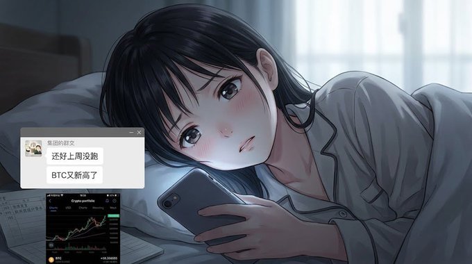 An anime-style illustration of a dark-haired girl lying in bed holding a smartphone, with a chat message overlay reading '还好上周没跑 BTC又新高了' (Chinese: 'Good thing I didn't run last week, BTC hit another high') and a crypto portfolio chart showing BTC at $68,394.95.