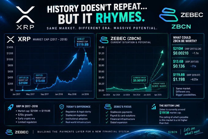 A financial comparison infographic titled 'HISTORY DOESN'T REPEAT... BUT IT RHYMES' comparing XRP and ZEBEC (ZBCN) market caps and growth trajectories.