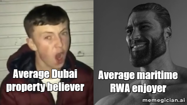 A meme showing two contrasting images: a confused-looking young man captioned 'Average Dubai property believer' on the left, and a confident smiling bearded man captioned 'Average maritime RWA enjoyer' on the right, with a 'memegician.ai' watermark.
