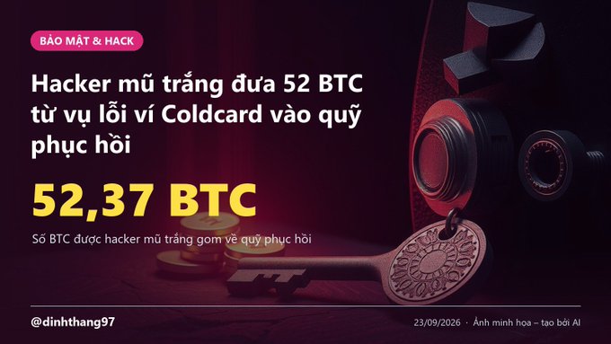 A Vietnamese news graphic titled 'BẢO MẬT & HACK' about a hacker in a white hat returning 52 BTC from a Coldcard vulnerability to a recovery fund, showing '52,37 BTC' as the amount returned, dated 23/09/2026.