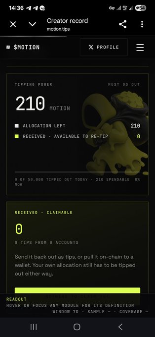 A mobile screenshot of the Motion app shows a 'Creator record' for motion.tps with a 'Tipping Power' of 210 MOTION, 210 allocation left, and 0 tips received.