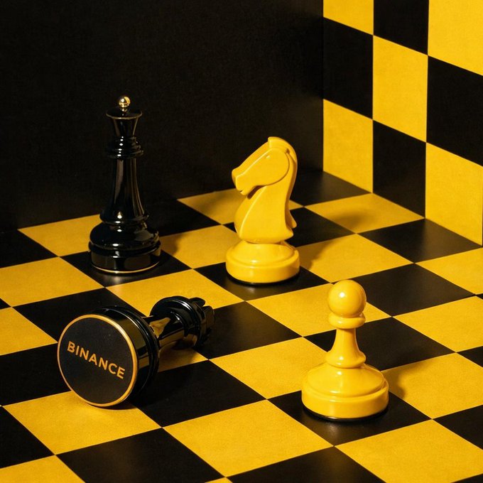 A chessboard features a standing black king, a yellow knight, and a yellow pawn, with a fallen black piece stamped "BINANCE" lying on the board. The fallen Binance piece visually represents the message that sometimes the wisest move is inaction—sticking to your strategy instead of making a risky or emotional decision.