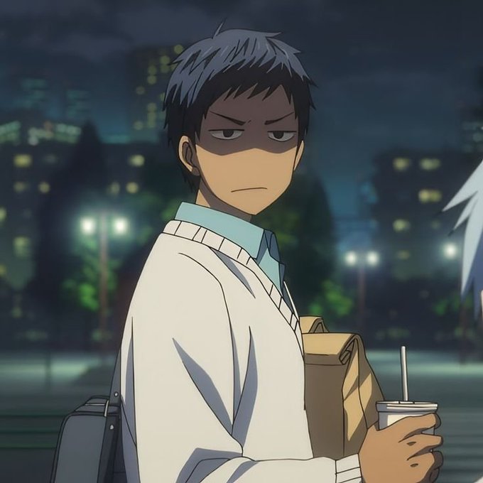 An anime-style illustration of a young man with dark hair wearing a white sweater over a teal shirt, holding a paper bag and a drink, looking annoyed in a nighttime city setting.