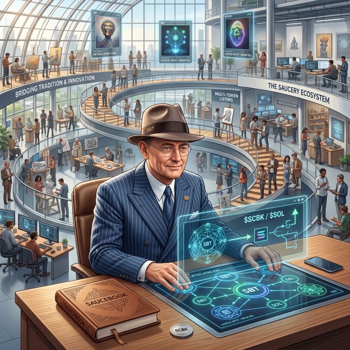 An illustration depicting a man in a pinstripe suit and fedora sitting at a desk working on a futuristic holographic interface showing 'SBT' and '$SCBK / $SOL' tokens, with a book titled 'SAUCEBOOK' on the desk, set within a large building labeled 'BRIDGING TRADITION & INNOVATION' and 'THE SAUCERY ECOSYSTEM.'