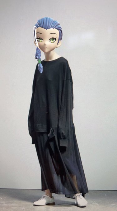 A mannequin or figure dressed in an oversized black long-sleeve top and sheer black pants, topped with a stylized anime character head featuring blue braided hair and green eyes, standing against a plain gray wall.