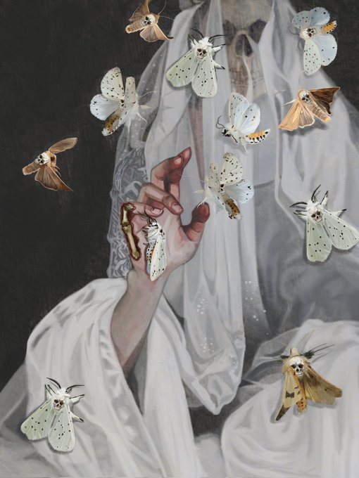 A surreal, gothic-style artwork depicting a pale, veiled figure with a bloody hand surrounded by large moths with skull-like markings on their bodies.