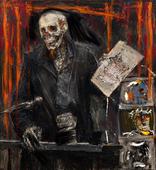 The painting depicts a skeletal figure in a dark suit standing behind a microphone against a dark, orange‑streaked backdrop, holding a torn paper while small screens show distorted faces. No legible text is visible in the artwork.