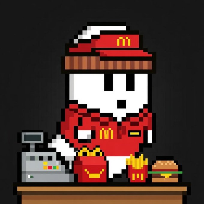 A pixel art illustration shows a McDonald's-style mascot character in a red uniform and visor standing behind a counter with fries, a burger, and a cash register.