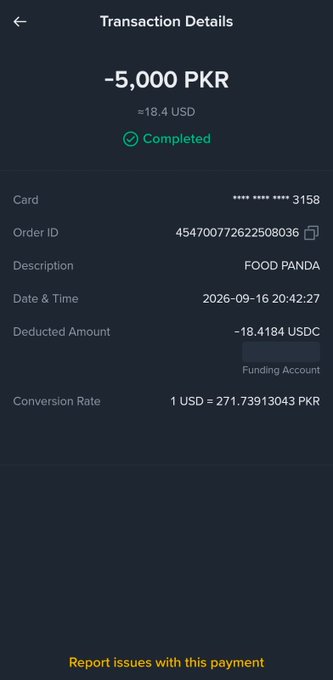 A Binance Card transaction details screen showing a completed -5,000 PKR (≈18.4 USD) Foodpanda payment, with -18.4184 USDC deducted from the Funding Account at a conversion rate of 1 USD = 271.73913043 PKR on 2026-09-16, demonstrating the card's real-world functionality in Pakistan.