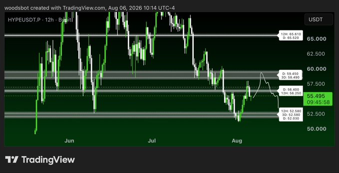 A TradingView candlestick chart for HYPEUSDT.P on Binance (12-hour timeframe) shows price action hovering around $55.495 (09:45:58) in early August, trading between $52.052 support and $65.013 resistance, with horizontal levels marked at $56.600, $58.490, and $60.330. The chart visually supports the post's bullish thesis that HYPE is defending prior lows beneath its recent highs, suggesting a likely breakout to retest those highs.