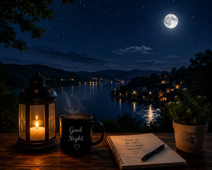 A serene nighttime landscape featuring a glowing lantern, a steaming mug that says "Good Night," and a notebook resting by a lake under a full moon. The imagery evokes a peaceful atmosphere, complementing the social media post's message to "Sleep peacefully" and prepare for tomorrow's opportunities.