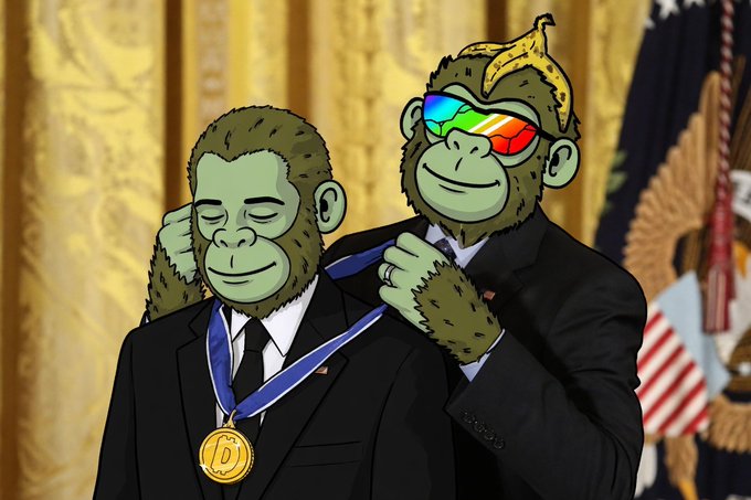 A cartoon illustration of two monkeys in suits, with one placing a gold medal marked '10' around the other's neck, set against a gold curtain backdrop with American flag elements.