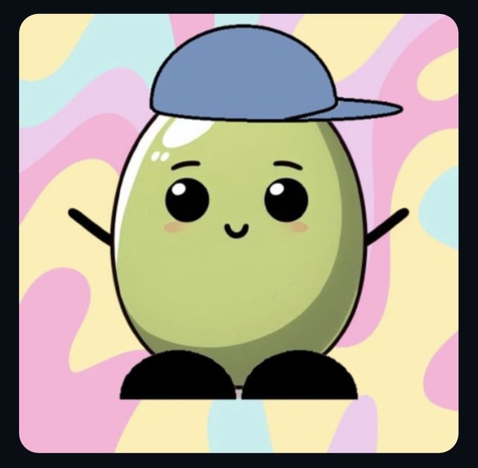 A cartoon illustration of a green avocado character wearing a blue baseball cap against a pastel colorful background.