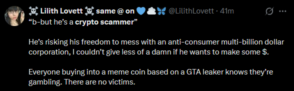 A tweet from Lilith Lovett (@LilithLovett) defending a crypto scammer, stating '-but he's a crypto scammer. He's risking his freedom to mess with an anti-consumer multi-billion dollar corporation...' arguing there are no real victims.