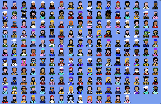 A pixel art collection displaying numerous small character portraits arranged in a grid pattern on a blue background, featuring various hairstyles, colors, and accessories in NFT-style artwork.