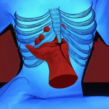 A stylized blue and red illustration shows the human ribcage and heart anatomy.