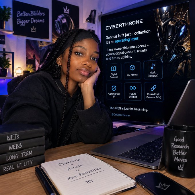 A young woman with long braids rests her chin on her hand at a desk beside a monitor displaying the @0xCyberThrone "Genesis" project, which promotes digital content, 3D assets, music, and Solana/EVM utilities, while hand-lettered notes and coffee mugs around her reinforce the post's theme that NFTs are an access layer—not just JPEGs—built on real utility, web3, and long-term ownership.