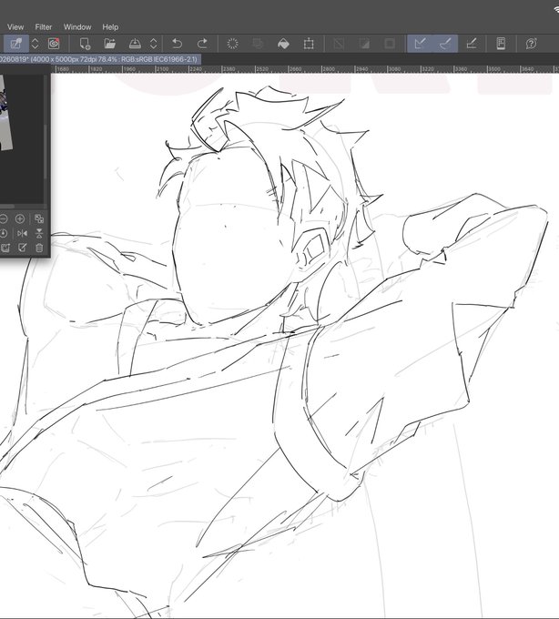 A digital drawing in progress showing a rough sketch of a character with spiky hair being created in a graphics software interface (Razer Ki 2026 model).