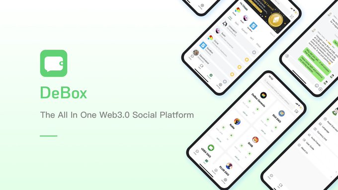 A promotional graphic for DeBox features the green logo alongside the tagline "The All In One Web3.0 Social Platform," with smartphone mockups showcasing various app screens like chat interfaces and public squares. This visual aligns with the post's highlight of DeBox's all-in-one Web3 community features, including wallet login, private/group chats, and club creation.