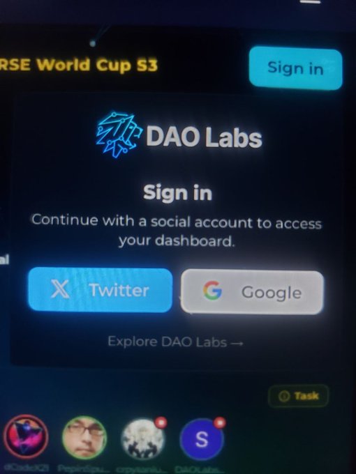 A sign-in modal for "DAO Labs" displays Twitter and Google authentication options, with "RSE World Cup S3" visible in the header, illustrating the social account-based access discussed in the post about Web3 participation challenges. The interface visually represents the tension between easy social verification (volume/bot-friendly) and the deeper challenge of authentic, value-generating engagement the post describes.