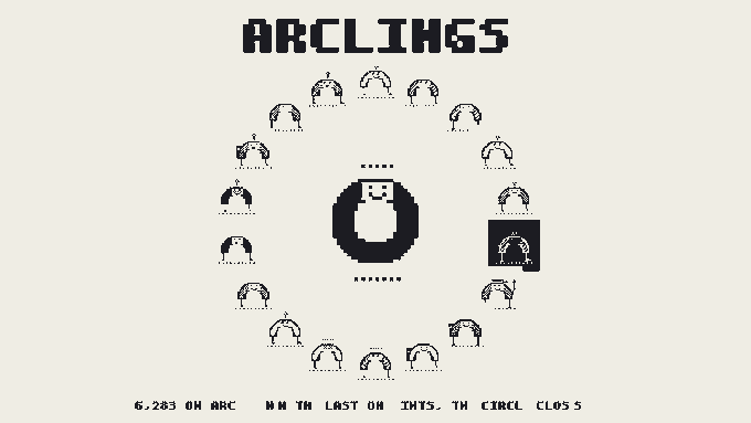 A black and white pixel-art graphic titled 'ARCLINGS' showing a circle of hooded figures around a central character, with the text '6,283 ON ARC' and 'WIN TA LAST ON INTS, TA CIRCLE CLOSE'.